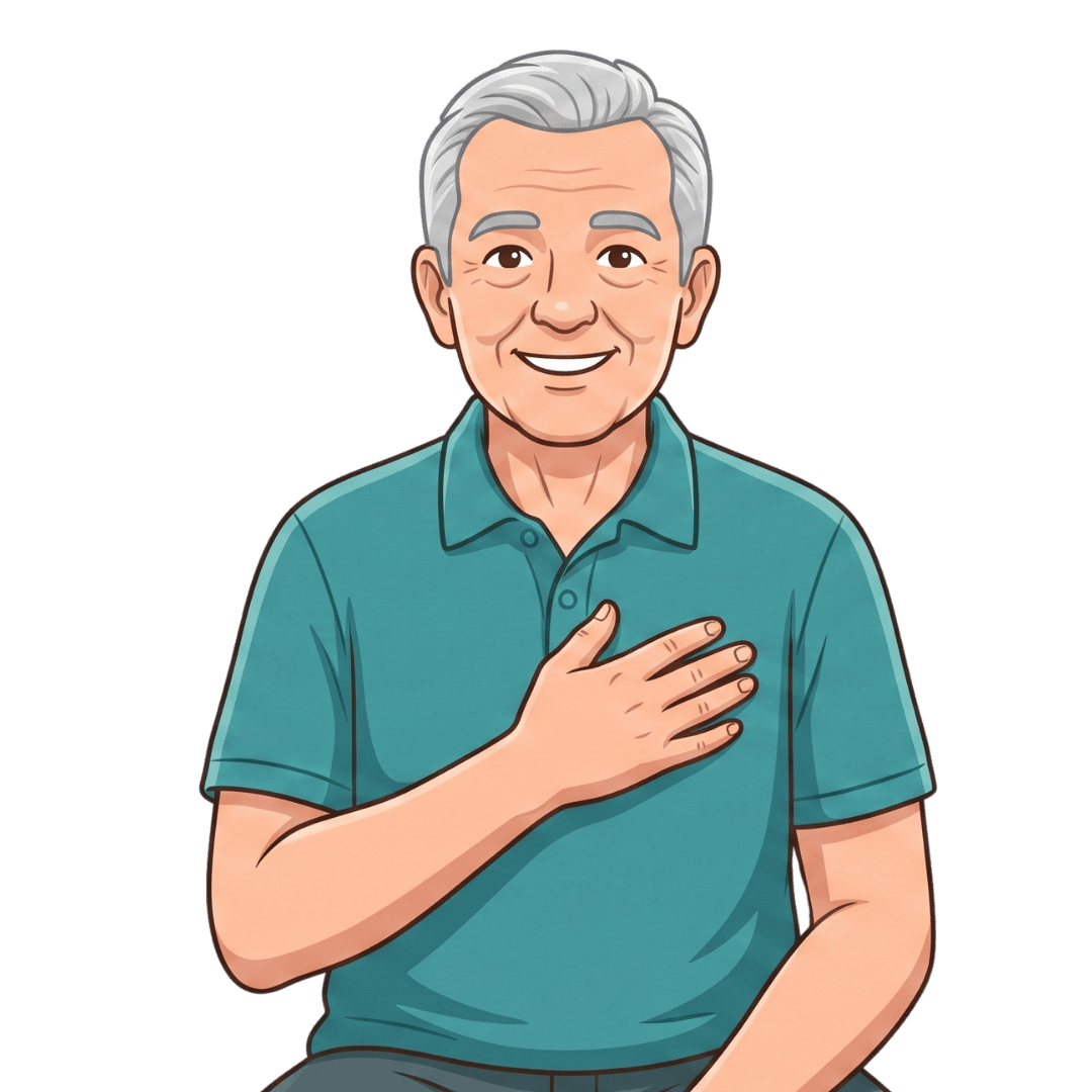 Ilustração de paciente idoso sorrindo com a mão sobre o peito