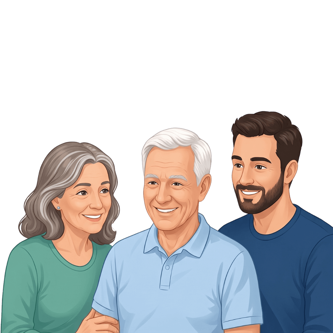 Ilustração de família reunida apoiando o paciente idoso